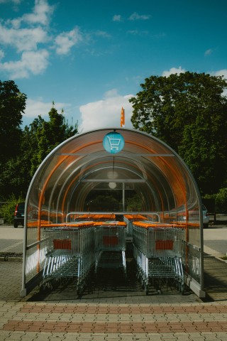 shopping carts in a parking lot under a domed structure with blue sky and green trees in the background