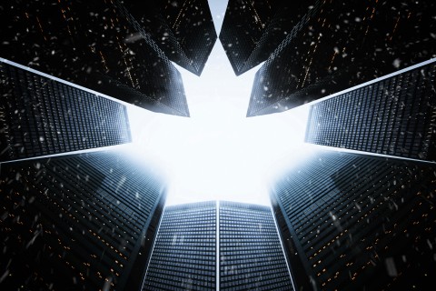 Skyscrapers creating maple leaf in sky by Andre Furtado via Pixels